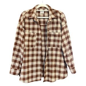 Peach Love California Women’s Button Down Plaid Shacket in Brown & Cream Medium